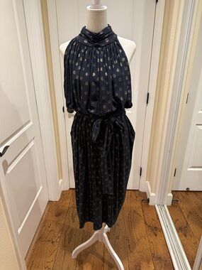 Tommy Hilfiger Sleeveless Navy Halter Midi Dress with Gold Dot Print